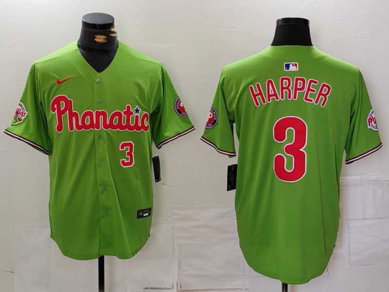 Mens Philadelphia Phillies #3 Bryce Harper Number Green With Patch Stitched Cool Base Nike Jersey